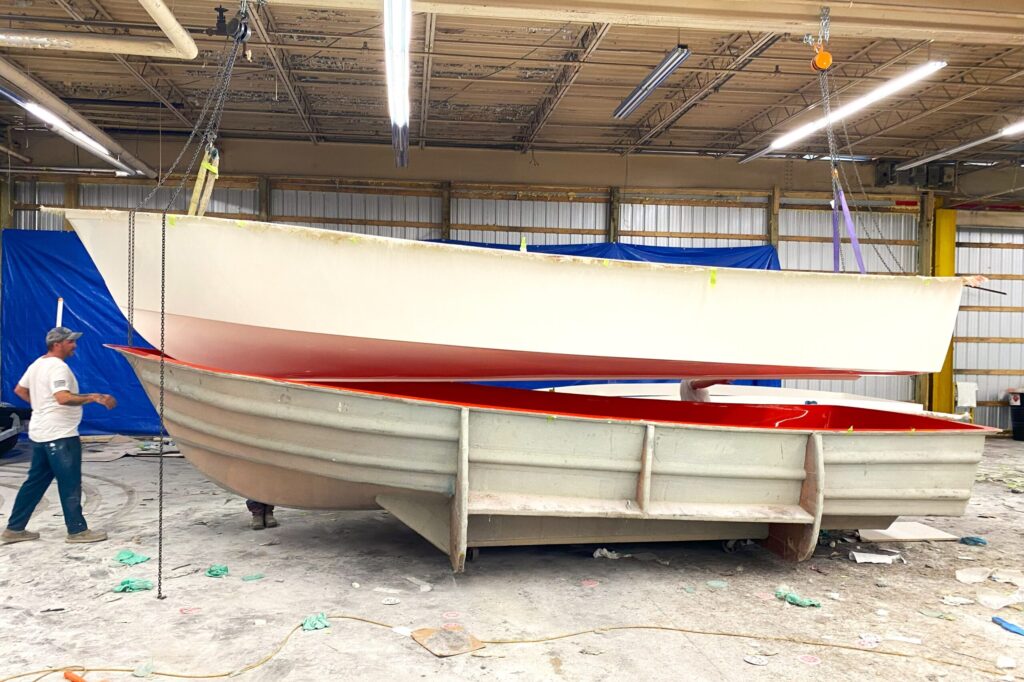 Atlas Boatworks 23F bay boat is lifted out of the mold